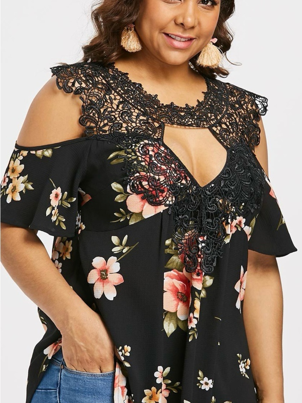 Rosegal Black Floral Cold-Shoulder Lace Yoke Blouse